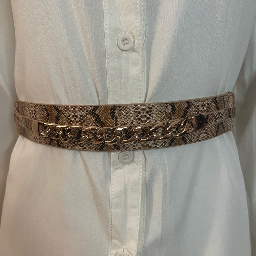 Brown faux leather snake print elastic waistband chained skinny belt